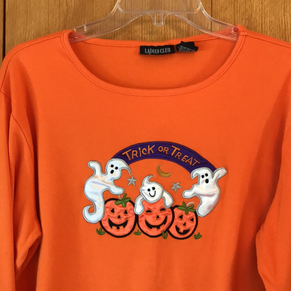 Vintage Halloween Trick or Treat L appliqué orange black LS tee top ghost shirt